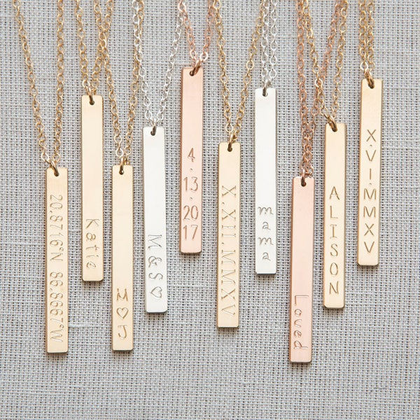 Gold,Sterling Bar Necklace,Vertical Bar Necklace,Custom Bar necklace,Bridemaid Gift,Coordinates Necklace,Personalized necklace,Nameplate