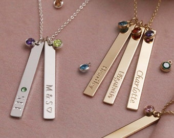 Vertical Bar Necklace, Birthstone Necklace, Mother's Day Gift, Personalized Jewelry, Kids Name, Necklace for Grandma, Personalized Gift