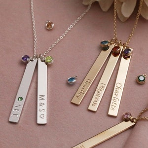 Vertical Bar Necklace, Birthstone Necklace, Mother's Day Gift, Personalized Jewelry, Kids Name, Necklace for Grandma, Personalized Gift