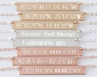 Custom Engraved Coordinates Bar Necklace, Roman Numerals, Personalized Gift