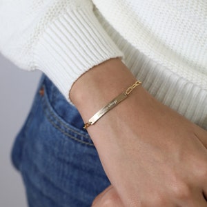 Engraved Bar Paper Clip Bracelet: Gold Filled, Sterling Silver