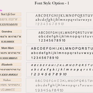 Puede incluir: Imagen que muestra cinco opciones de estilo de fuente para texto personalizado. Cada opci&oacute;n muestra una frase de ejemplo, coordenadas y una fecha en n&uacute;meros romanos, junto con el alfabeto en may&uacute;sculas y min&uacute;sculas y n&uacute;meros.