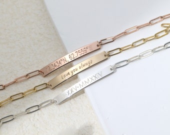 Engraved Bar Bracelet Paper Clip Bracelet, Gold, Silver, Rose Gold, Simple and modern