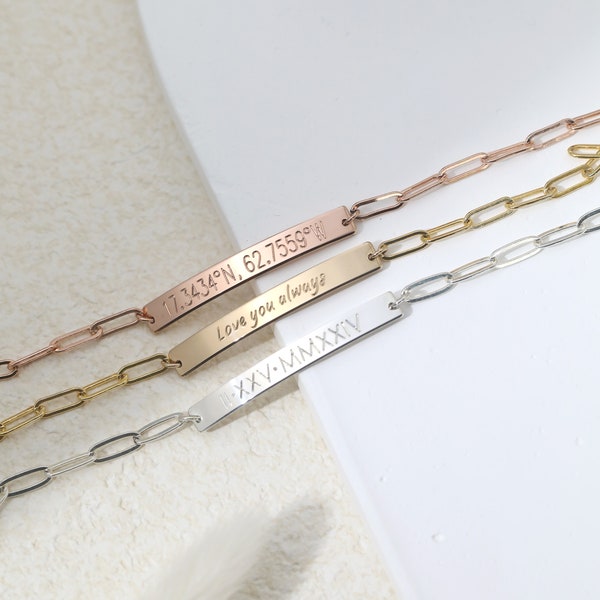 Engraved Bar Bracelet Paper Clip Bracelet, Gold, Silver, Rose Gold, Simple and modern