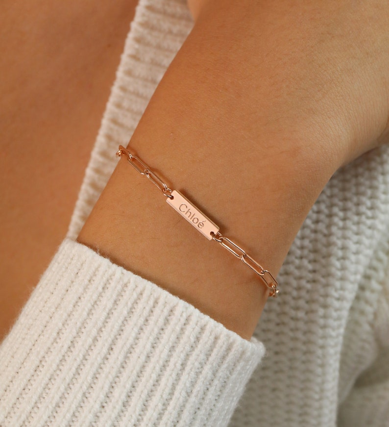 Custom Bar Bracelet, Paper clip with mini bar, Kids Name Bracelet, Mom Bracelet image 6