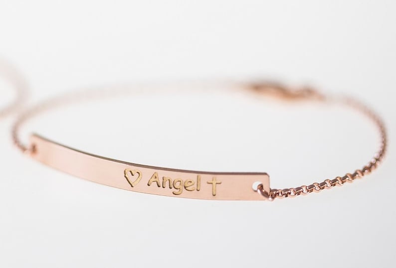 Rose Gold Bar Bracelet, Engraved Bracelet, Personalized Bracelet, Gift for Mom, Minimalist Jewelry, Wedding Gift, Custom Jewelry afbeelding 3