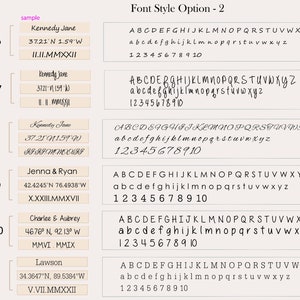 Puede incluir: Imagen que muestra varios estilos de fuente con texto de muestra, incluyendo nombres, coordenadas y fechas. Cada opci&oacute;n de fuente se muestra con alfabetos en may&uacute;sculas y min&uacute;sculas, junto con los n&uacute;meros del 1 al 10, ofreciendo una gu&iacute;a visual para la personalizaci&oacute;n del texto.