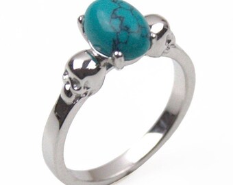 Solid Silver Skull Ring Turquoise Oval Cabochon Hand Crafted