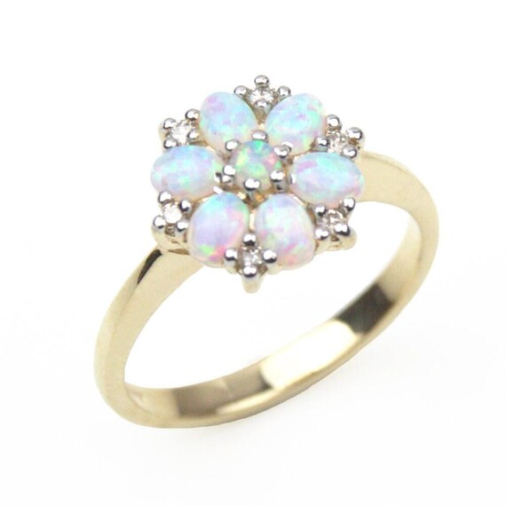 9ct Gold Opal and Diamond Cluster Ring UK Hallmarked