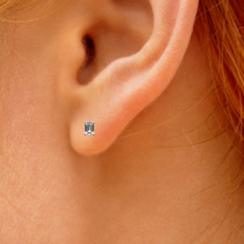 Stud Earrings Diamond Unique Emerald Cut 4 Claw Set 9ct Gold image 6