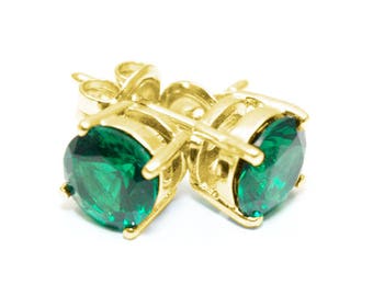 Stud Earrings Diamond Unique Emerald 2ct Solitaire 9ct Gold, May Birthstone