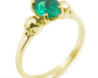 Skull Ring 9ct Gold 1.4ct Diamond Unique Oval Cut Emerald Hand Crafted Engagement Ring