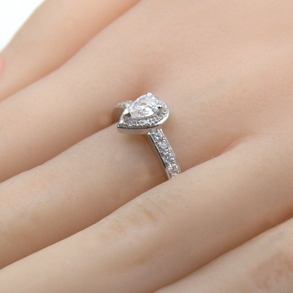 Pear Halo Ring With Accents Solid Silver Swarovski Crystal Rhodium