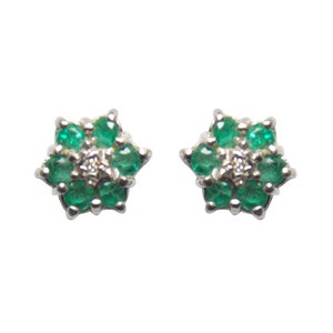 Emerald and Diamond Cluster Stud Earrings White 9ct Gold  ER10E
