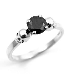 Skull Ring Sterling Silver Diamond Unique Hand Crafted Engagement Ring set with Black Diamond