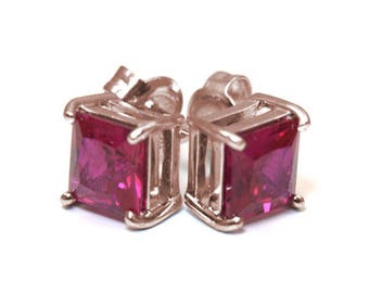 Stud Earrings  Diamond Unique Ruby Princess Cut 2.5ct Solitaire 9ct Gold 4 Claw