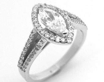 Ring Diamond Unique Marquise Halo Engagement Solid Silver
