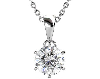 Sterling Silver 1ct Moissanite Diamond Certified Pendant with 18" Chain 6 Claw 18ct Gold Plated