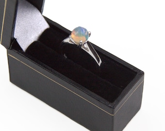 Sterling Silver Opal Ring Natural Ethiopian Rainbow Opal Cabochon Set in Sterling Silver
