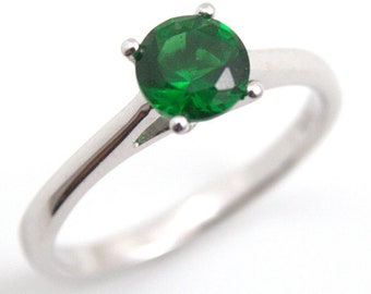 Sterling Silver Engagement Ring 1ct Emerald Solitaire Diamond Unique   May Birthstone