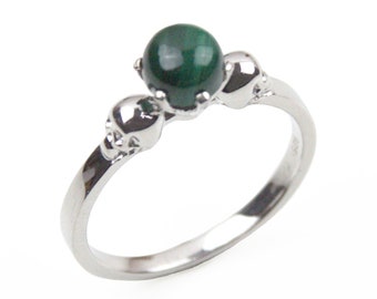 Solid Silver Skull Ring Malachite Cabochon Hand Crafted 6 Claw Engagement Ring