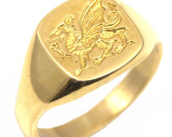 Signet Ring Gold Welsh Dragon and Prince of Wales | Etsy