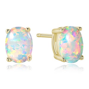 Stud Earrings Opal Oval 4 Claw Set 9ct Gold