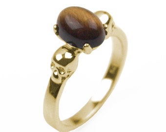 9ct Gold Skull Ring Tiger's Eye Oval Cut Cabochon Hand Crafted Hallmarked