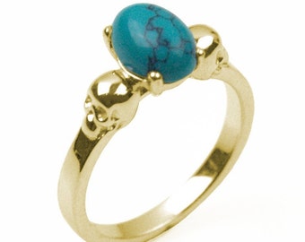 9ct Gold Skull Ring Turquoise Oval Cut Cabochon Hand Crafted Hallmarked