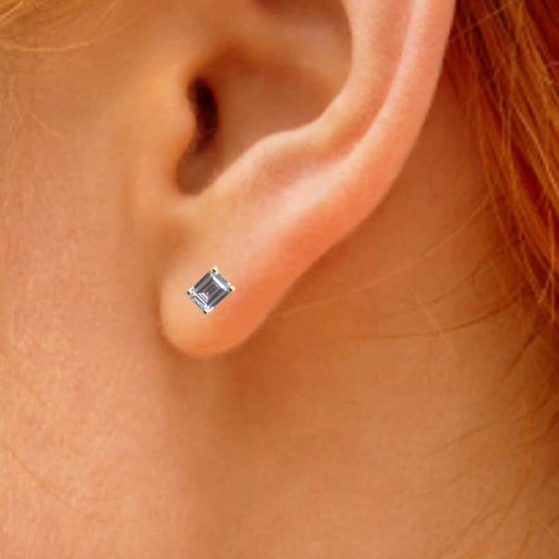 Stud Earrings Diamond Unique Emerald Cut 4 Claw Set 9ct Gold image 8
