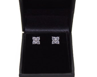 Stud Earrings Square Cluster Solid Silver Swarovski Crystal