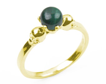 9ct Gold Skull Ring Malachite Cabochon 6 Claw Hand Crafted Engagement Ring