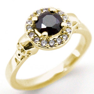 Skull Ring 9ct gold .70ct Diamond Unique Round Brilliant Halo Black Diamond Hand Crafted Engagement Ring
