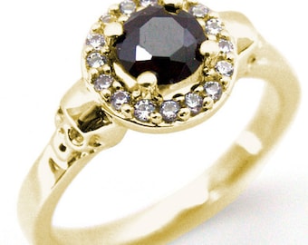 Skull Ring 9ct gold .70ct Diamond Unique Round Brilliant Halo Black Diamond Hand Crafted Engagement Ring