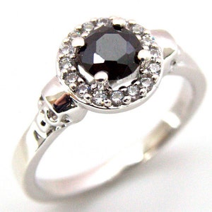 Skull Ring Solid Silver .70ct Diamond Unique Round Brilliant Halo Black Diamond Hand Crafted Engagement Ring