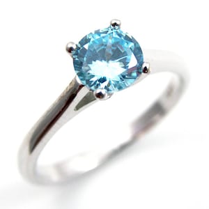 Engagement Ring Diamond Unique 1ct Aquamarine Solitaire Sterling Silver March Birthstone