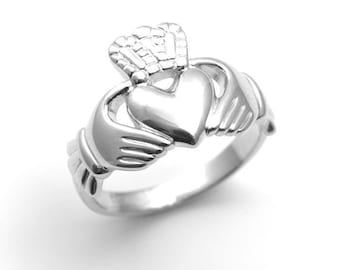 Anillo Claddagh de plata de ley, peso pesado, acabado pulido espejo, anillo de promesa unisex