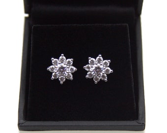 Stud Earrings 9 Stone Cluster Solid Silver Swarovski Crystal