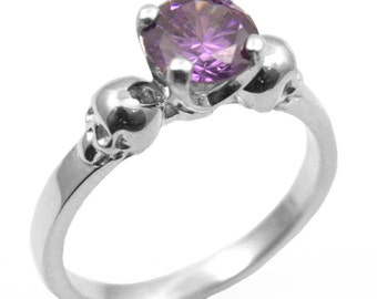 Skull Ring Sterling Silver 1ct Round Brilliant Cut Amethyst Hand Crafted Engagement Ring 4 Claw