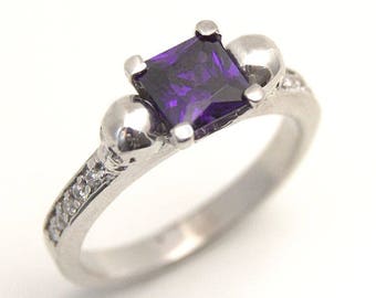 Skull Ring Sterling Silver 1.25ct Princess Cut Amethyst Diamond Unique Hand Crafted