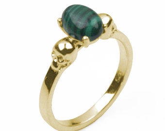 9ct Gold Skull Ring Malachite Oval Cut Cabochon Hand Crafted Hallmarked