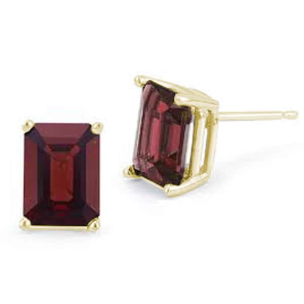 Stud Earrings Garnet Emerald Cut 4 Claw Set 9ct Gold