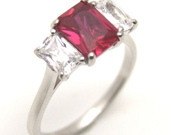 9ct Gold Trilogy Ring Diamond Unique Emerald Cut Ruby