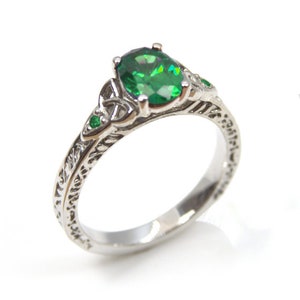 Trinity Knot 4 Claw Oval Emerald and Natural Emerald Ring Sterling Silver Engagement Ring