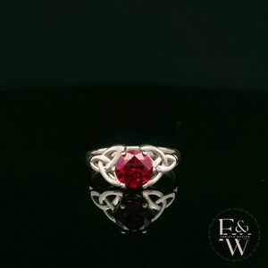 Celtic Patterned Sterling Silver Ruby CZ Single Stone Ring