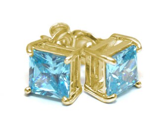 Stud Earrings Diamond Unique Aquamarine Princess Cut 2.5ct Solitaire 9ct Gold 4 Claw