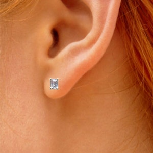 Stud Earrings Diamond Unique Emerald Cut 4 Claw Set 9ct Gold image 7