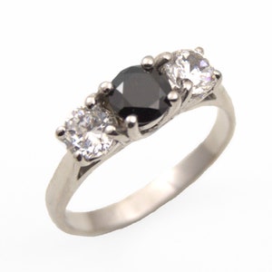 Trilogy Ring Black and White Diamond Unique  Sterling Silver 1.25ct