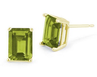 Stud Earrings Peridot Emerald Cut 4 Claw Set 9ct Gold