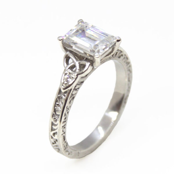 Trinity Knot 4 Claw Emerald Cut Diamond Unique and Natural Diamond Silver Engagement Ring